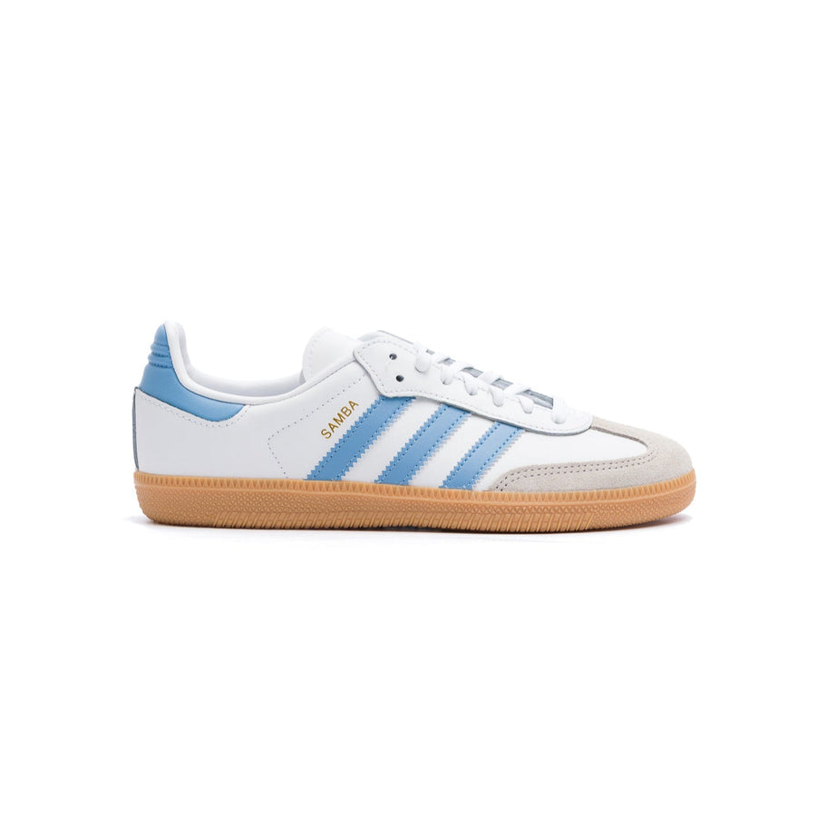 white adidas kids samba og with blue stripes and gum sole