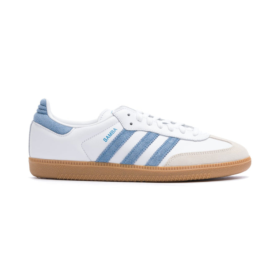 white adidas men's and women's adidas sambe og with blue stripes and gum sole