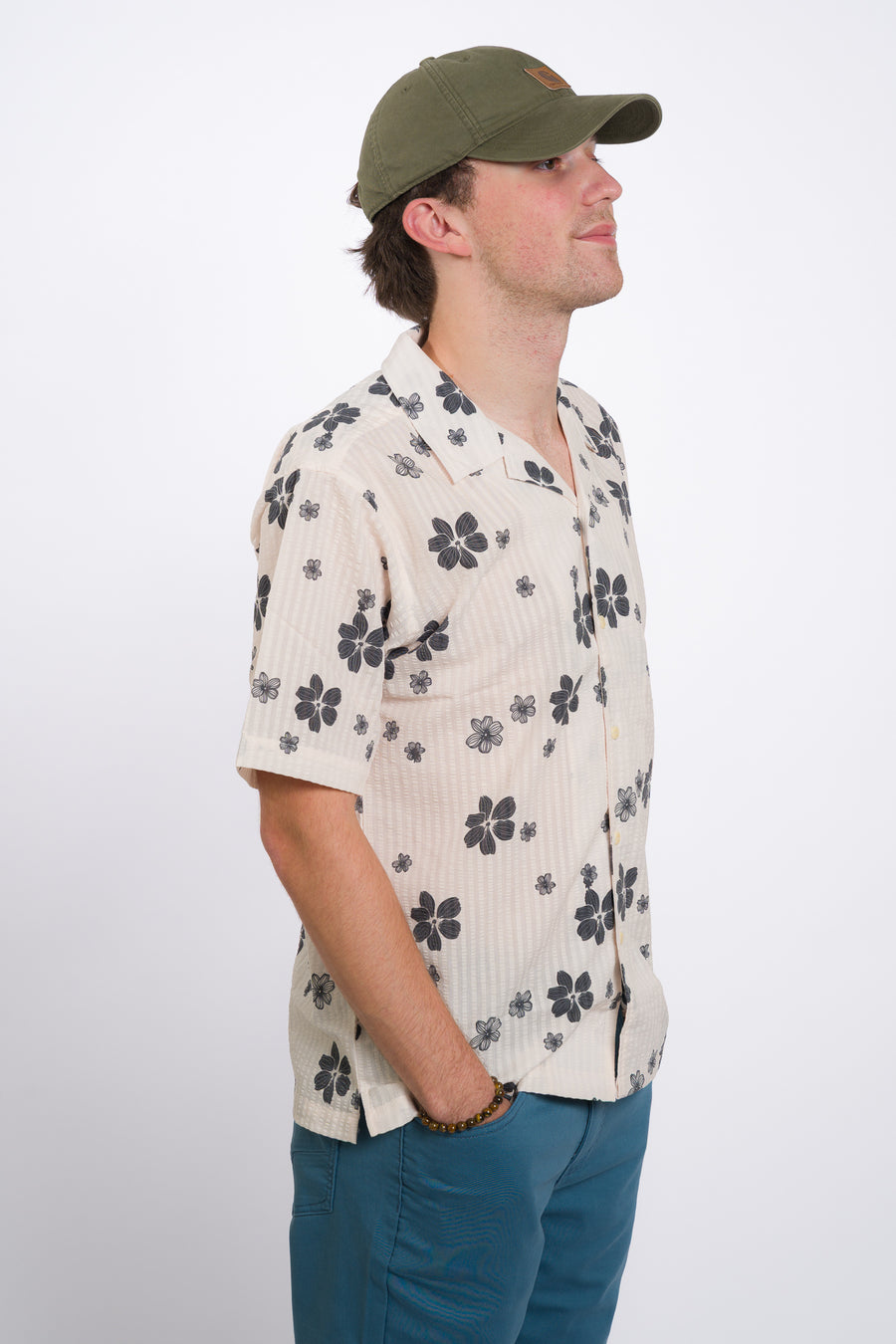 men's white ezekiel button-up playa camp short sleeve woven with black floral print