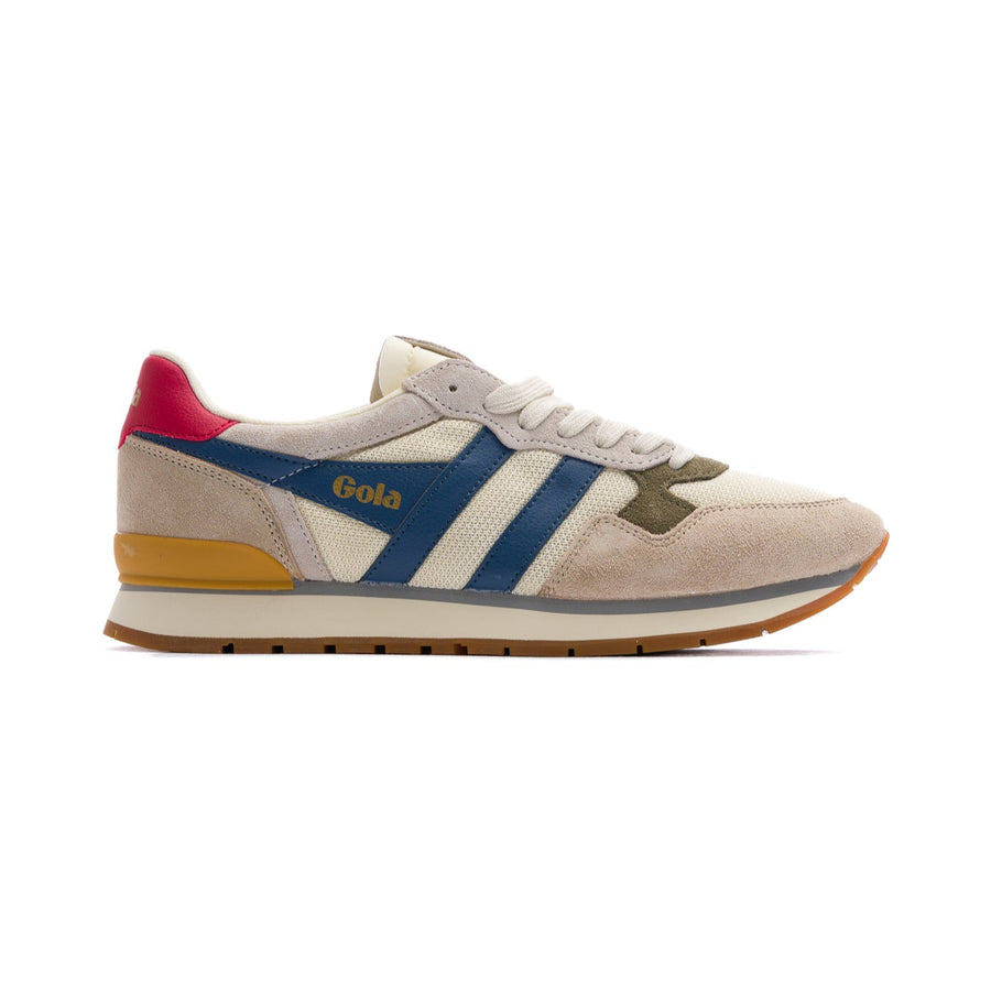 gola men's colorado sneakers with tan suede, blue gola logo on the side panel, red and yellow on the back heel