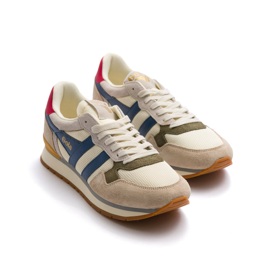 gola men's colorado sneakers with tan suede, blue gola logo on the side panel, red and yellow on the back heel