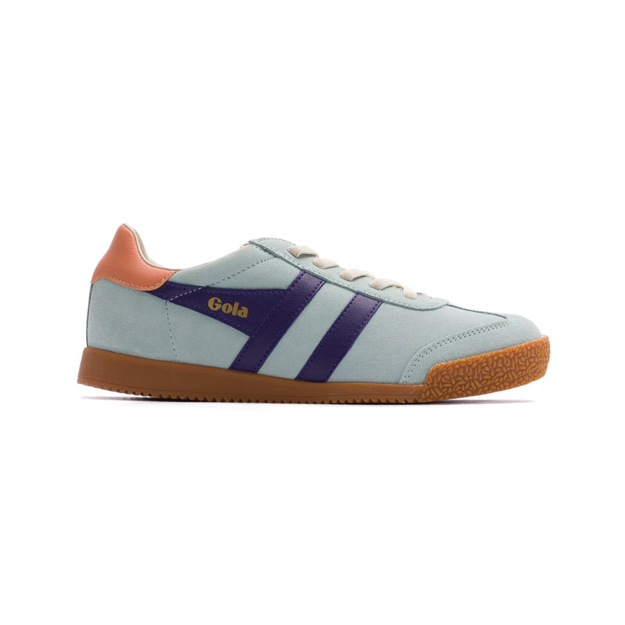 gola elan kids sneakers with light blue suede upper, purple leather side logo, pink heel and gum sole