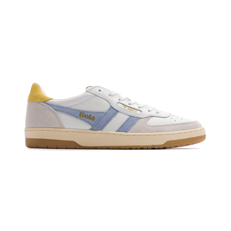white gola women's hawk sneakers with blue logo side stripe, yellow heel and off white sole