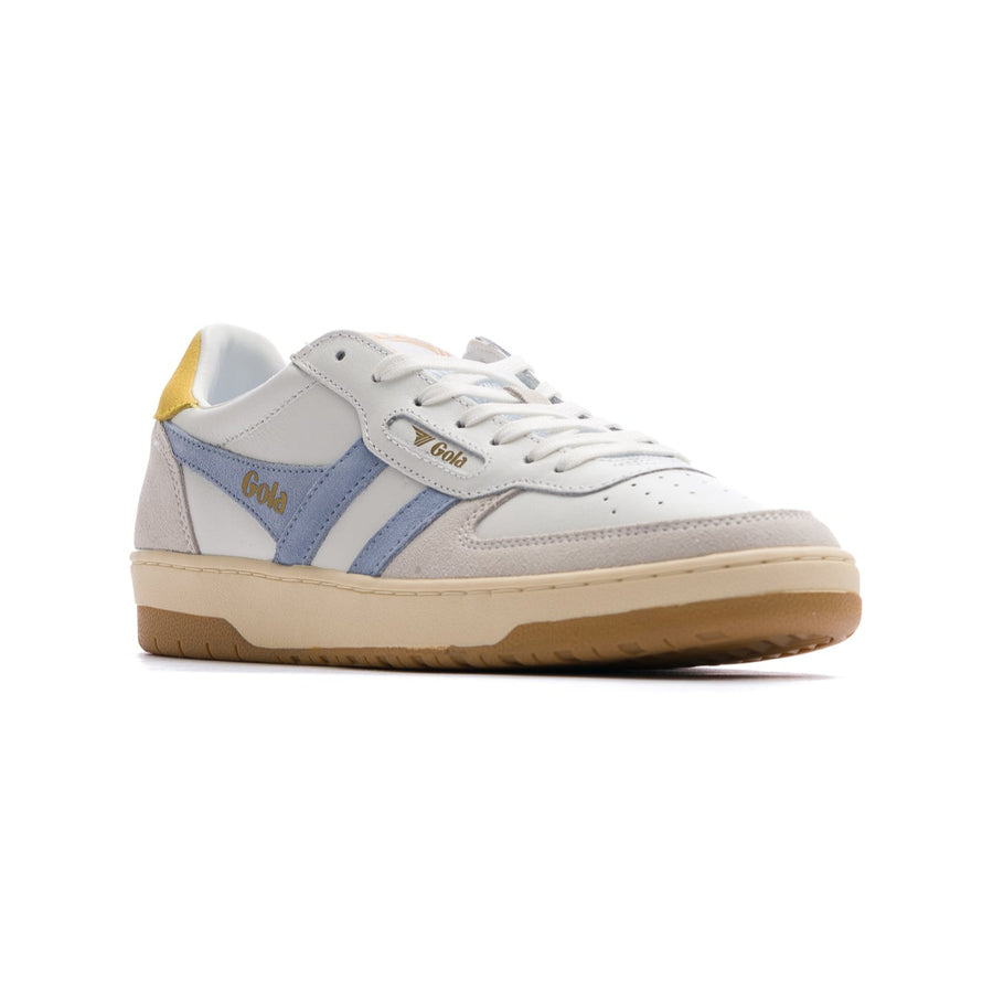 white gola women's hawk sneakers with blue logo side stripe, yellow heel and off white sole