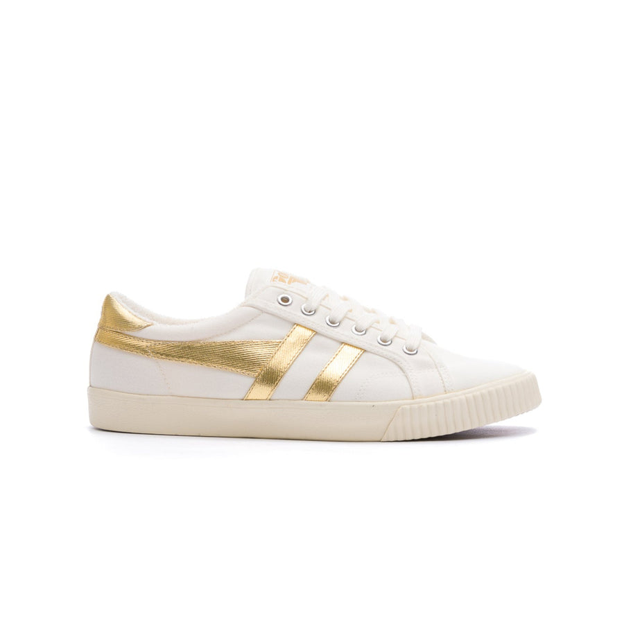 white gola women's tennis mark cox with metallic gold stripes and off white sole