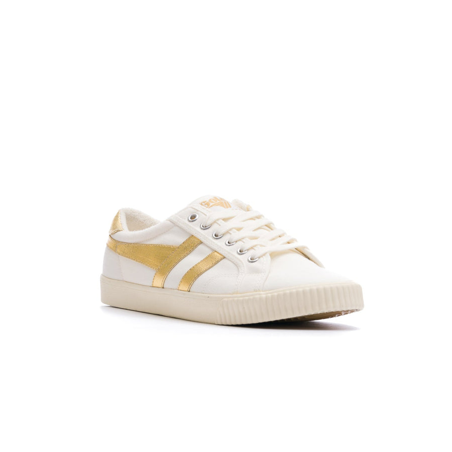 white gola women's tennis mark cox with metallic gold stripes and off white sole