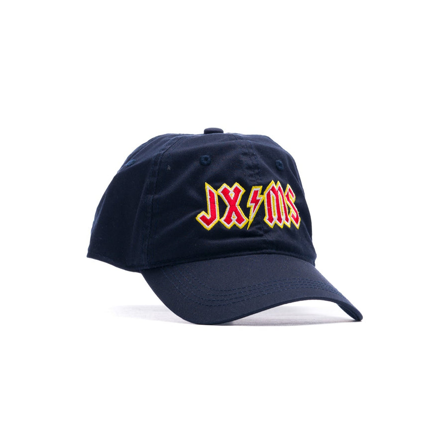 black project chane hat with jx/ms in red, white, and yellow in the style of ac/dc