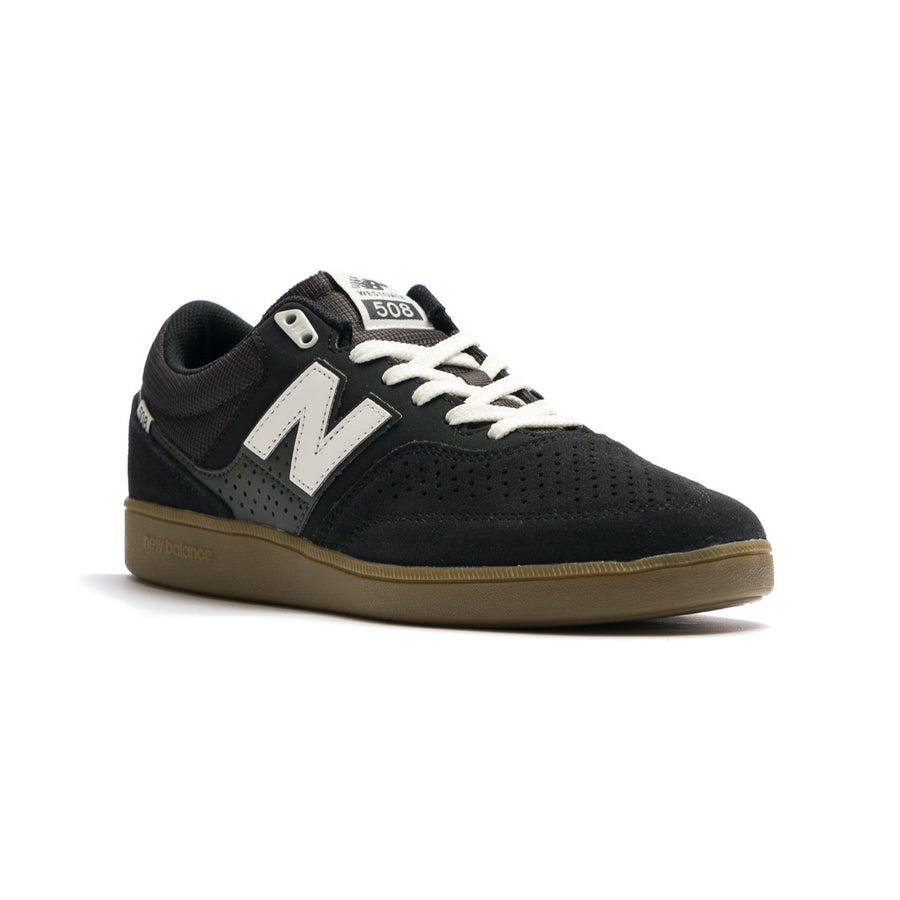 black suede new balance 508 brandon westgate with white N logo and gum sole