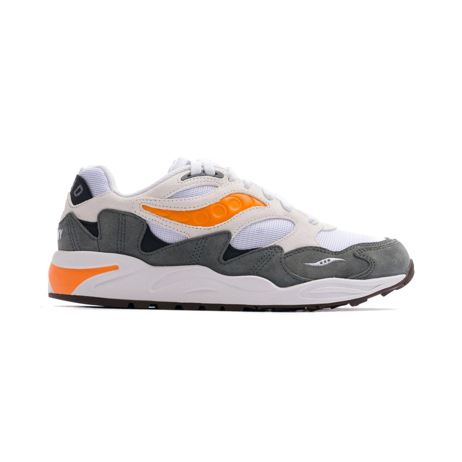 white and grey men's saucony grid shadow comfort shoe with orange details