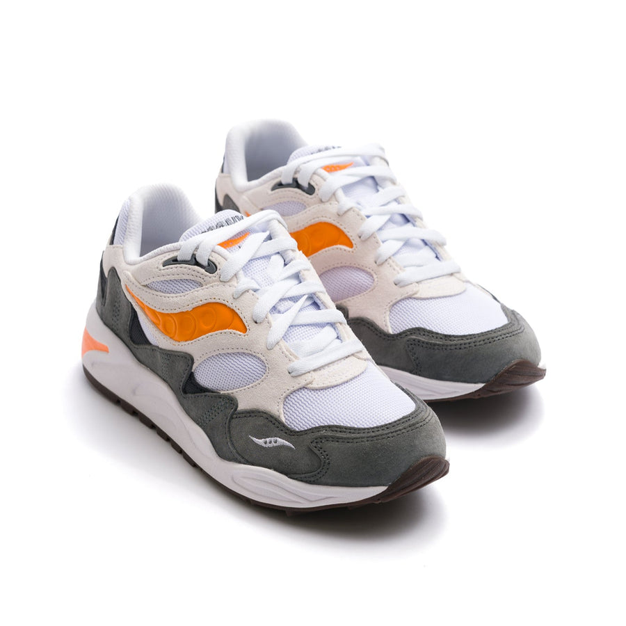white and grey men's saucony grid shadow comfort shoe with orange details