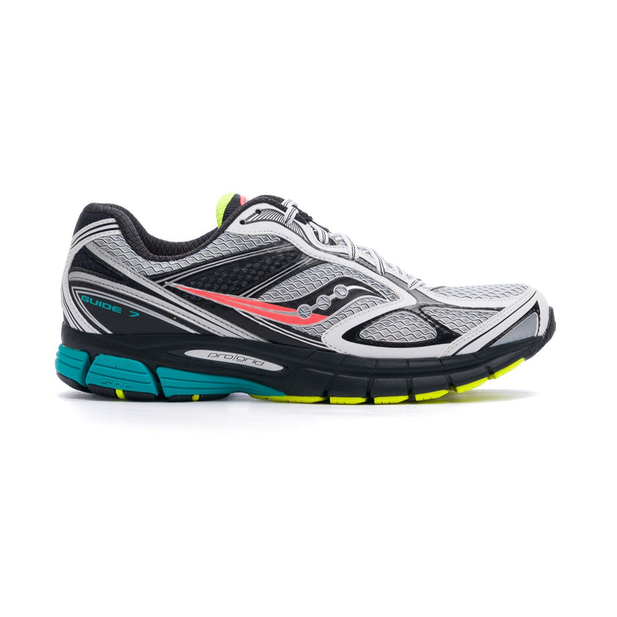 white saucony men's progrid guide with red, blue and yellow details on a black sole
