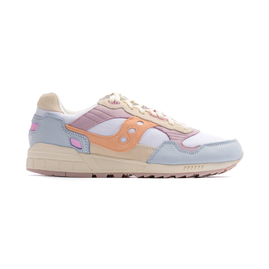 women's multi-colored shadow 5000 comfort shoe with blue orange and lilac features and tan sole