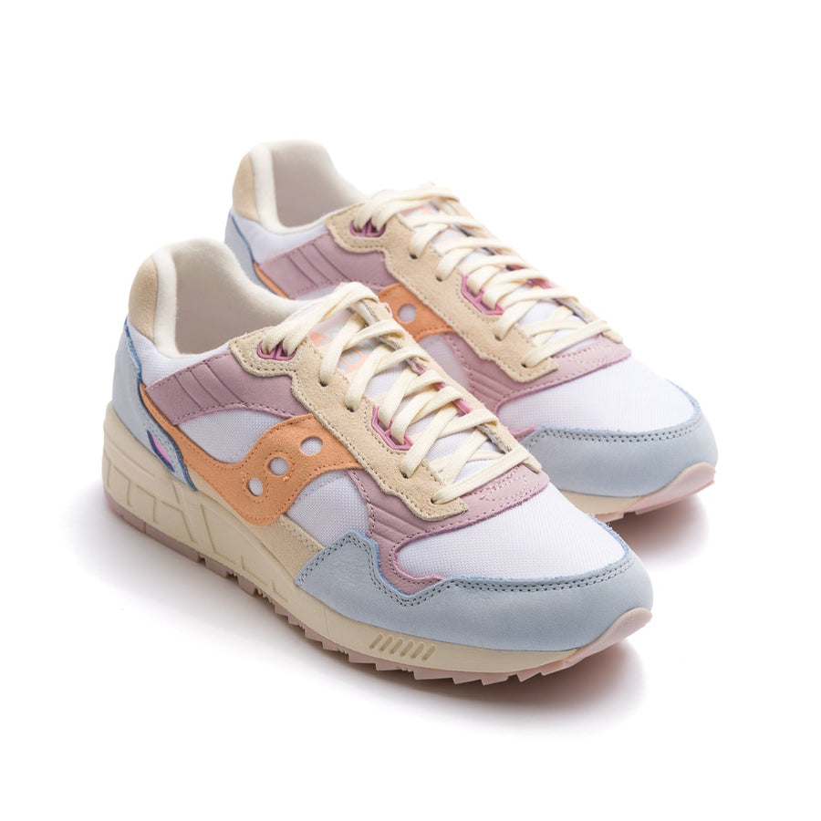women's multi-colored shadow 5000 comfort shoe with blue orange and lilac features and tan sole