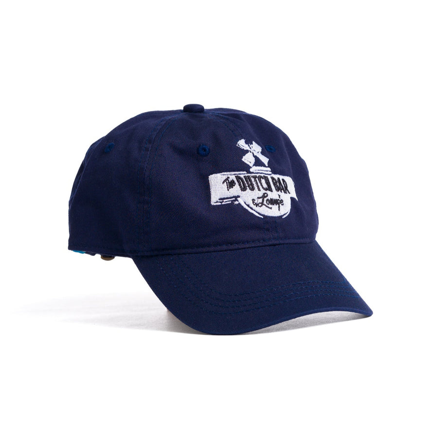 black embroidered dutch bar & lounge hat with white logo
