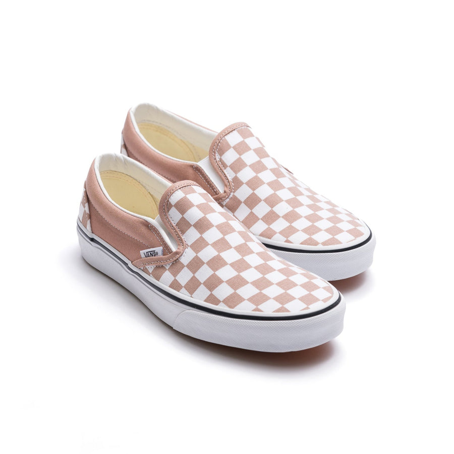 LIGHT BROWNISH PINK AND WHITE VANS WOMEN'S CLASSIC SLIP-ON SHOE WITH WHITE SOLE