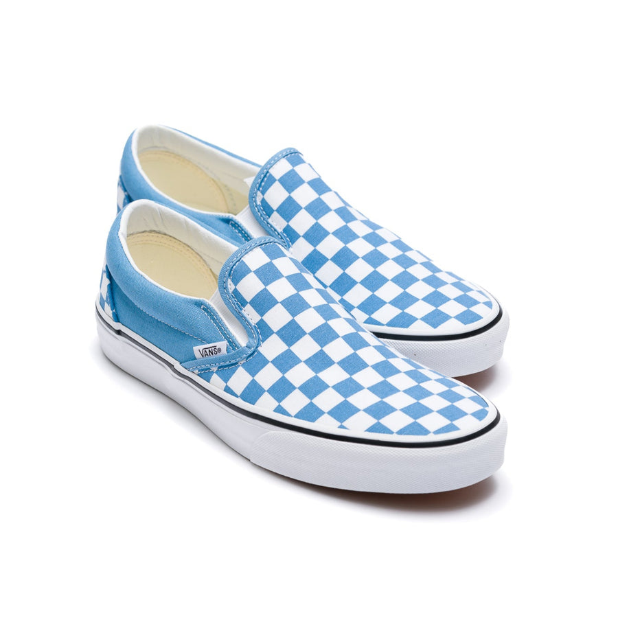 blue & white checkerboard slip-on vans with white sole