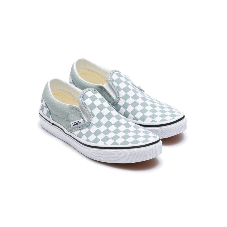 grey and white checkerboard kids vans slip-on shoe with white sole