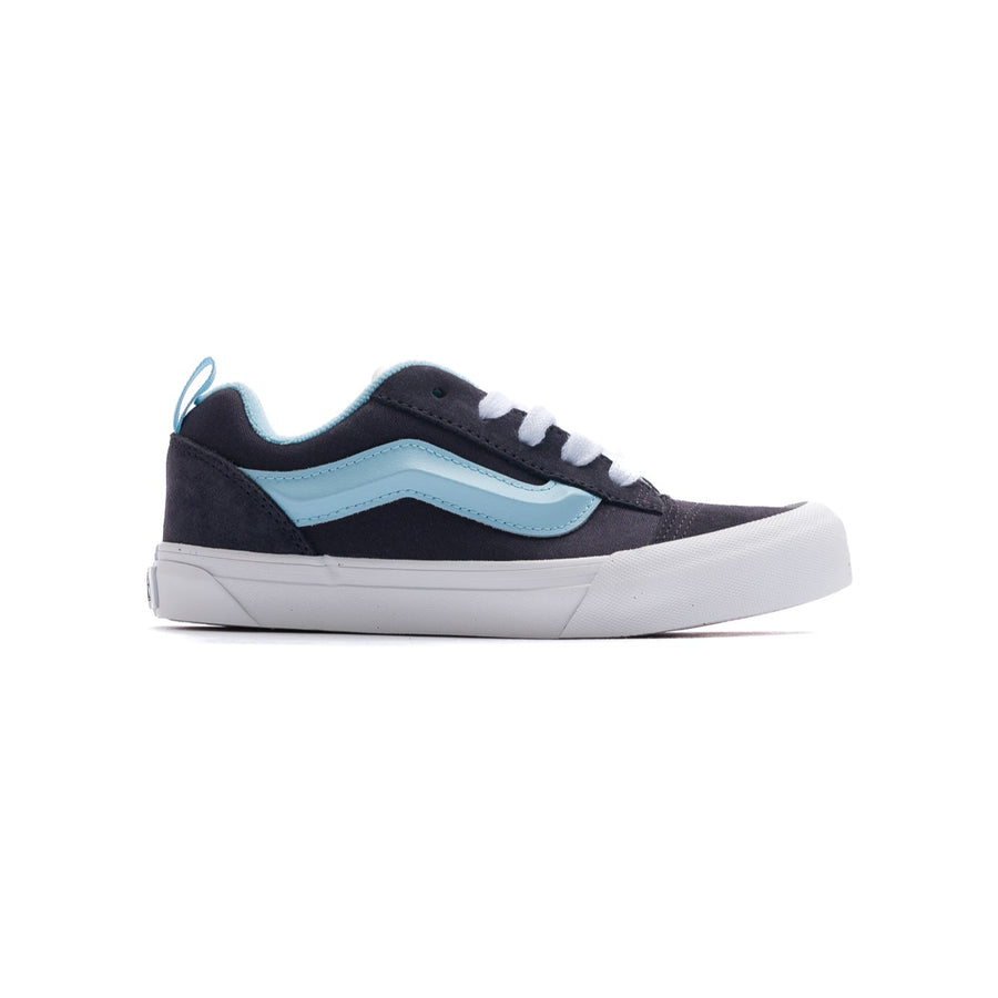 kids dark grey vans knu skool with blue side stripe and white sole