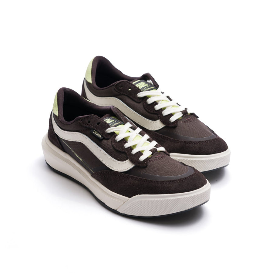 brown vans mte ultrarange with white side stripe, light green details and white sole