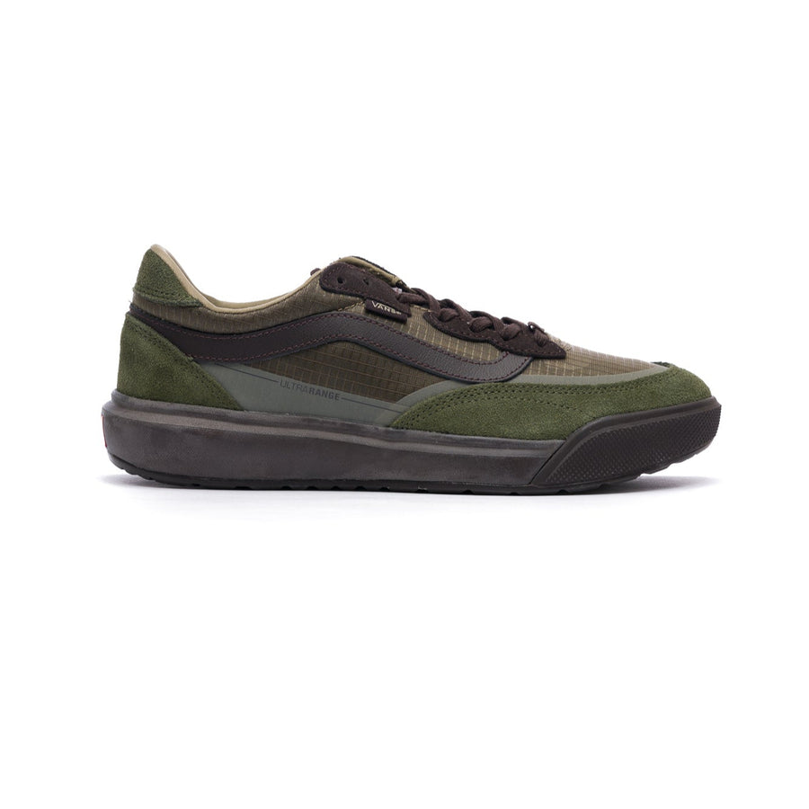 Green and brown vans ultrarange mte men's sneaker on a white background