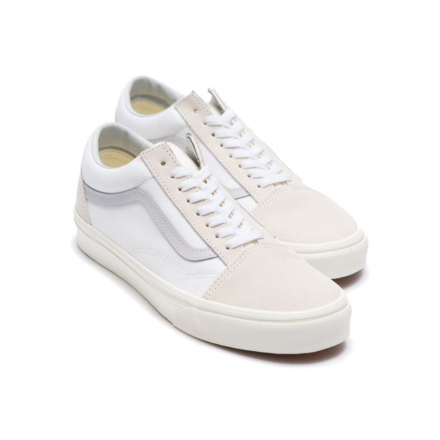 grey and white vans women's old skool with light blue sidestripe and white sole