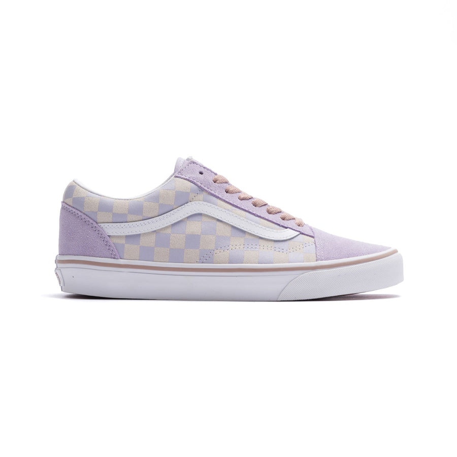 purple and off white checkerboard vans women's old skool with white sidestripe and white sole