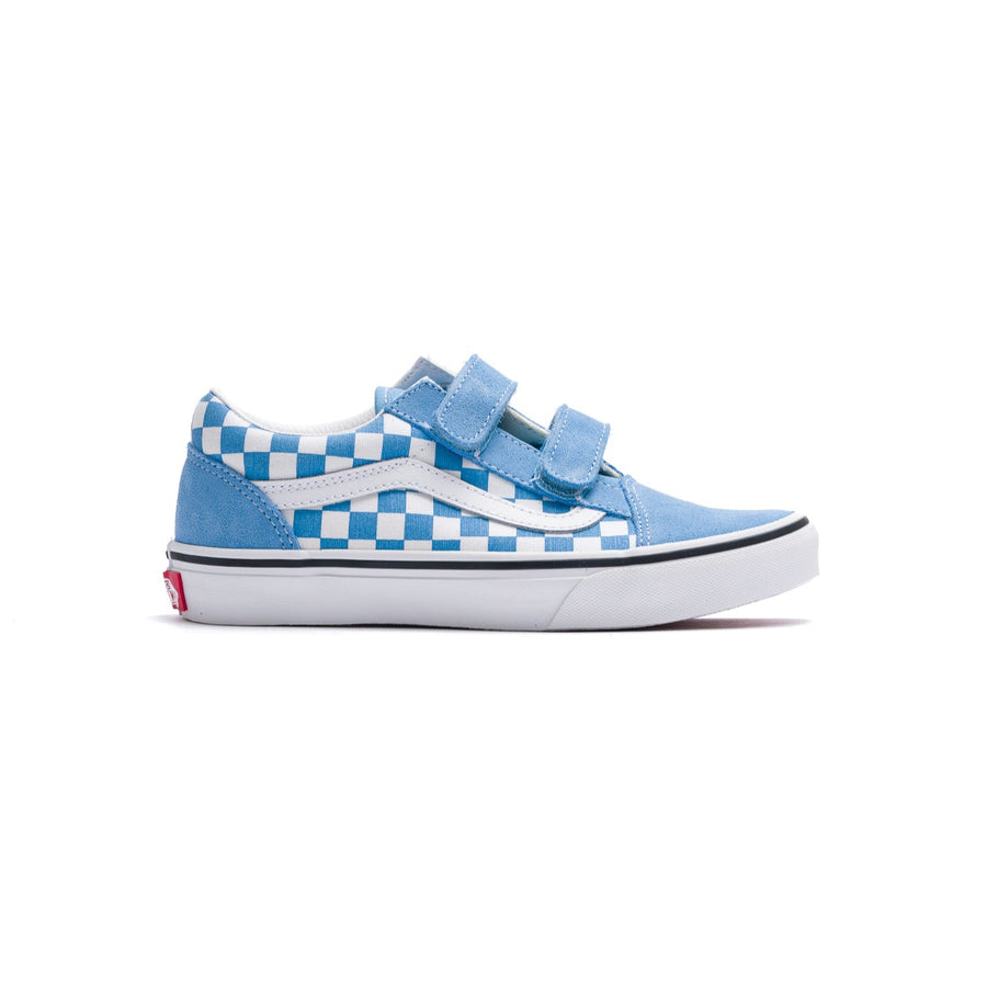 blue and white checkerboard vans kids old skool with velcro strap and white sole