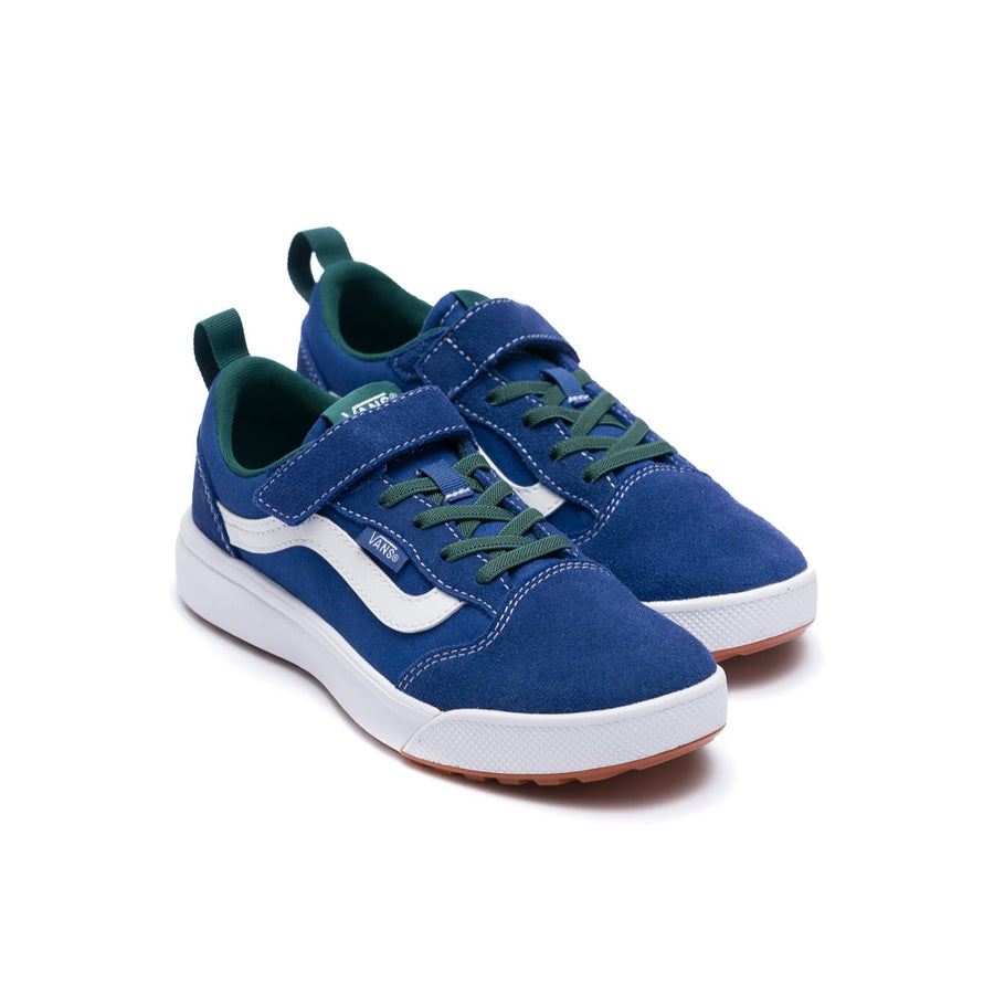 blue vans toddler ultrarange white green laces, white sidestripe, white sole and a velco strap