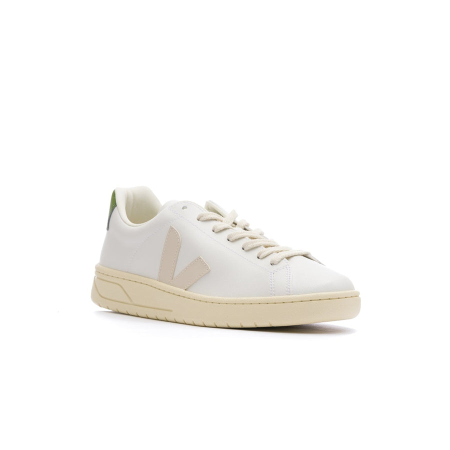 white veja men's urca cwl with off white V, off white sole and green back detail