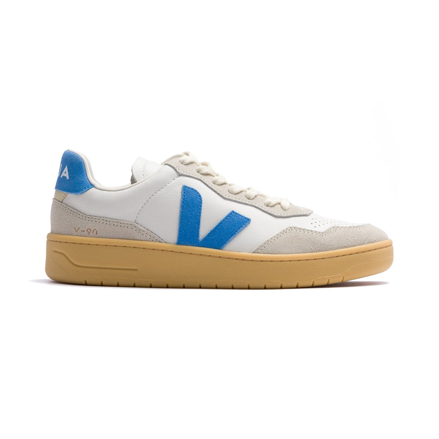 grey suede veja women's v90 with blue suede V and back with white leather toe box and gum sole