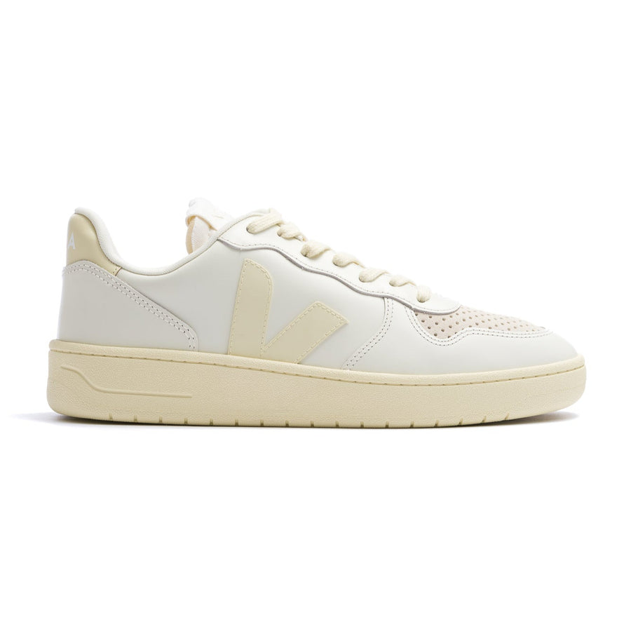women's white fairtrade leather veja v-10 sneaker with off white v logo and off white sole