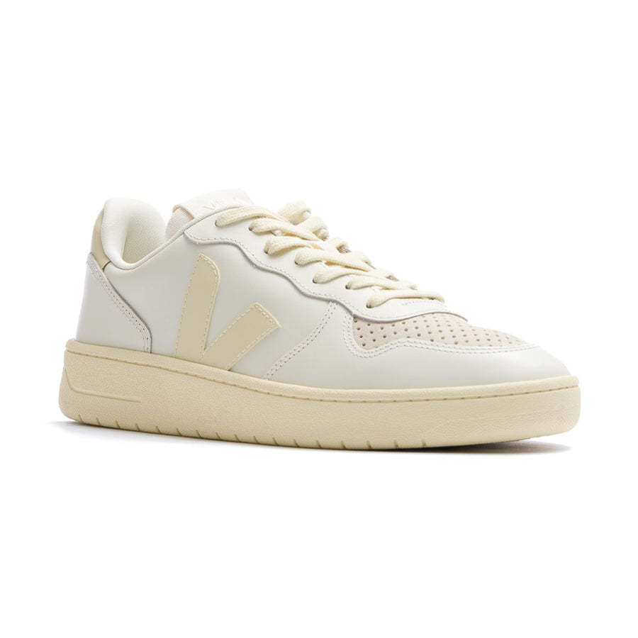 women's white fairtrade leather veja v-10 sneaker with off white v logo and off white sole