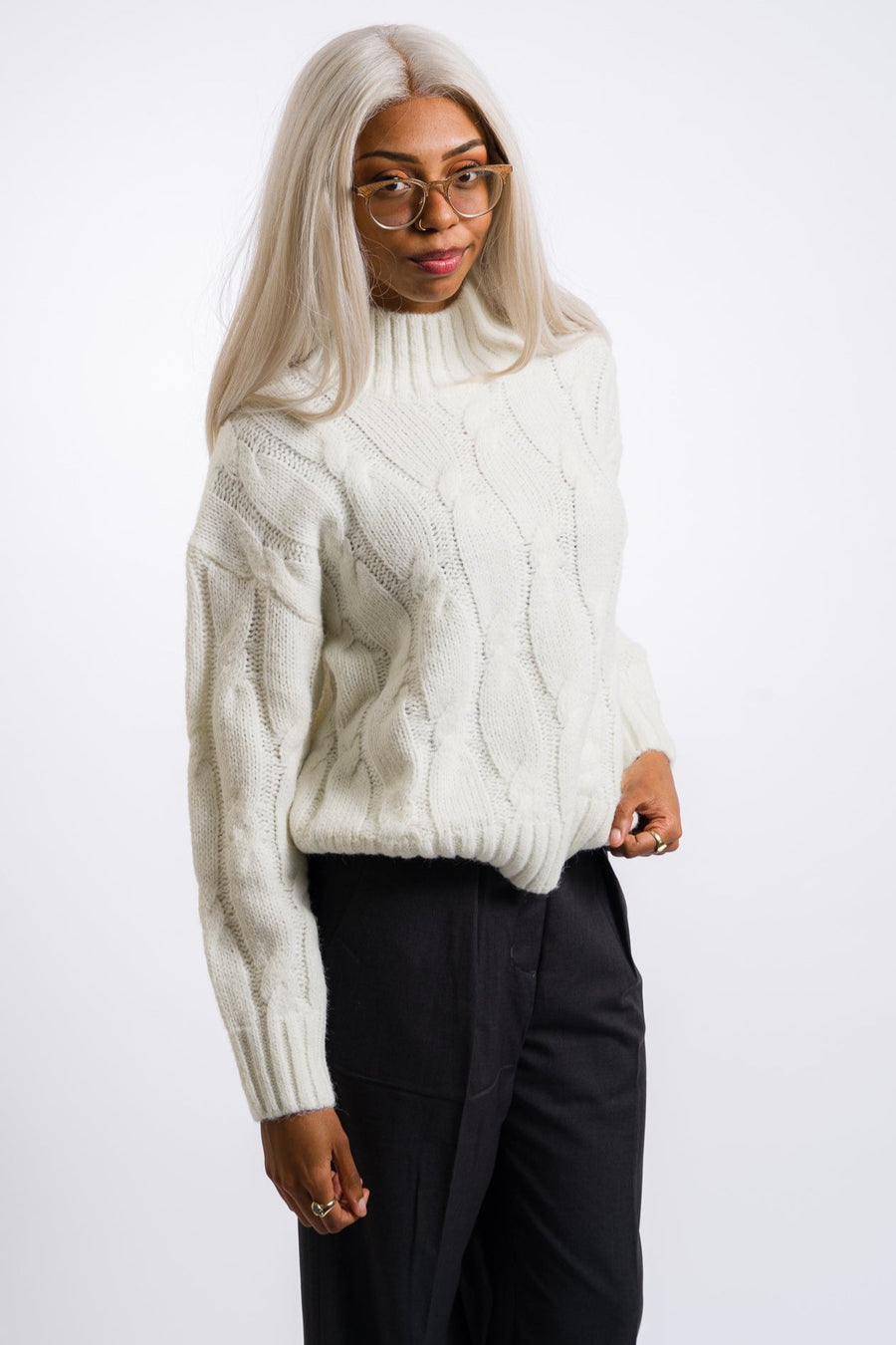 white nia women's fiji knit sweater