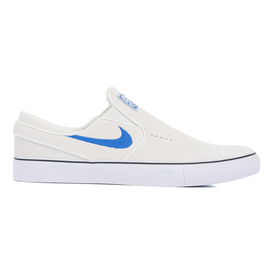 off white nike sb stefan janoski slip-on with white sole and blue details