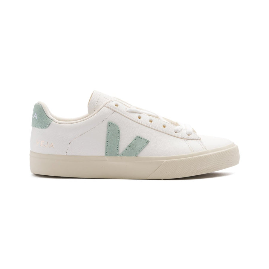 white leather veja women's campo with matcha green logo and off white sole