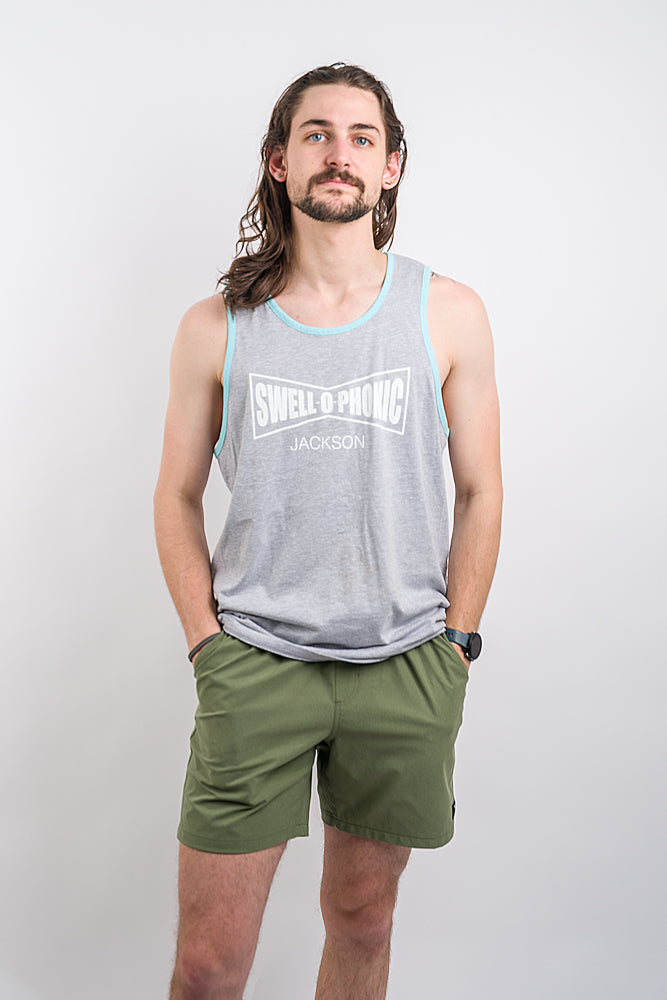 grey tank top with the swell-o-phonic jackson mississippi logo and blue outline