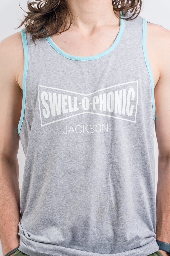 grey tank top with the swell-o-phonic jackson mississippi logo and blue outline