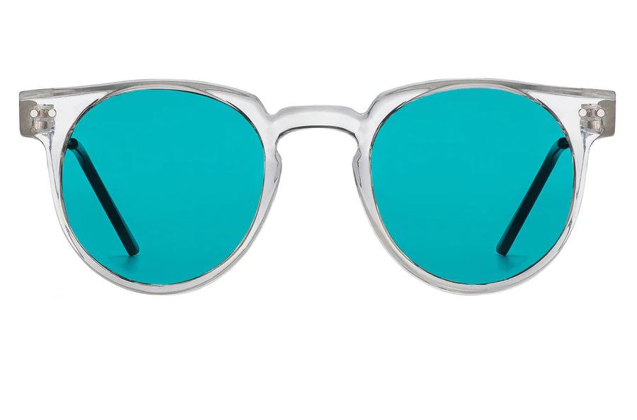 clear frame spitfire sunglasses with turquoise blue lenses
