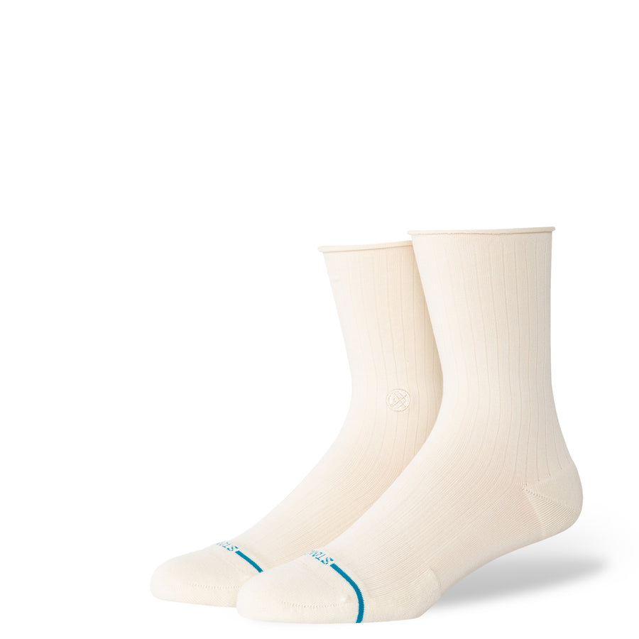 Pair of cream-colored Stance rolled cuff quarter socks with a small blue logo on a white background
