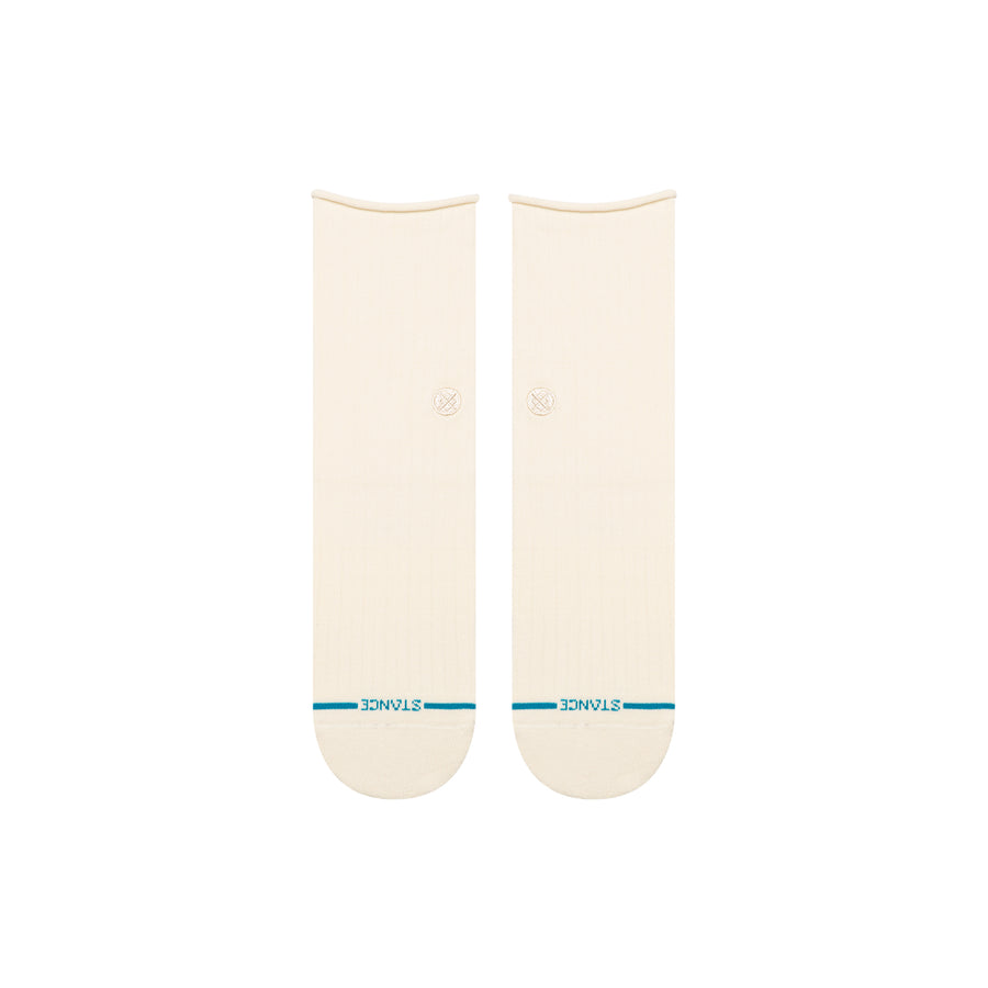 Pair of cream-colored Stance rolled cuff quarter socks with a small blue logo on a white background