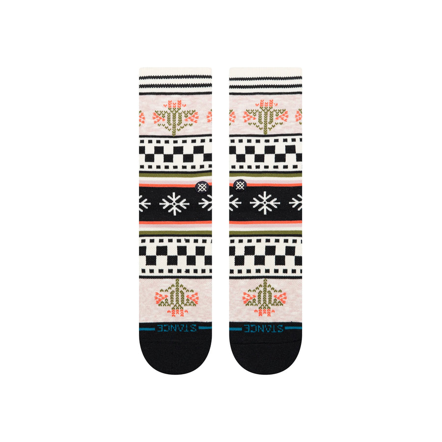 Pair of patterned stance women's crew socks with black, white, and multicolor design on a transparent background