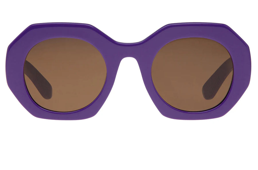 Purple spitfire sunglasses with brown lenses on a white background