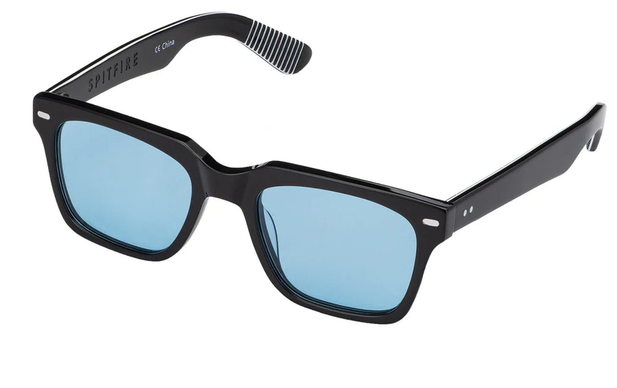 Black spitfire sunglasses with blue lenses on a white background