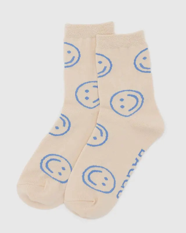 off white baggu crew sock with light blue smiley faces