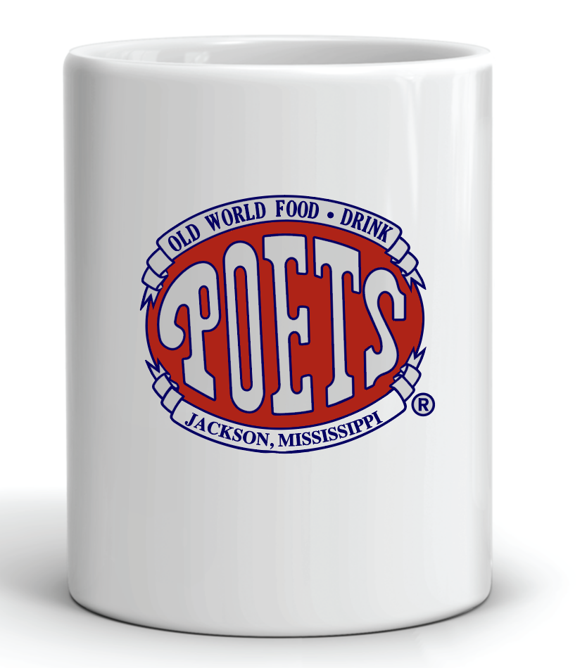 White mug with 'Poets' logo featuring red and blue text on a white background