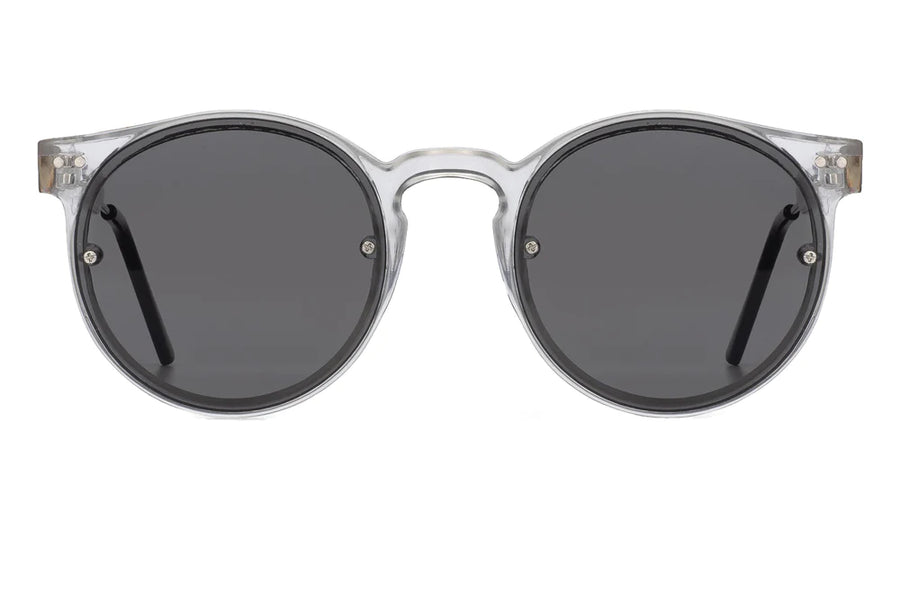A pair of Spitfire sunglasses with clear and black acetate frames and flat lenses.
