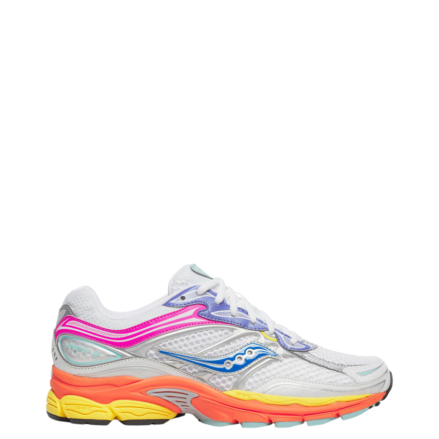 Colorful SAUCONY progrid omni 9 running shoe with a brand logo on a white background