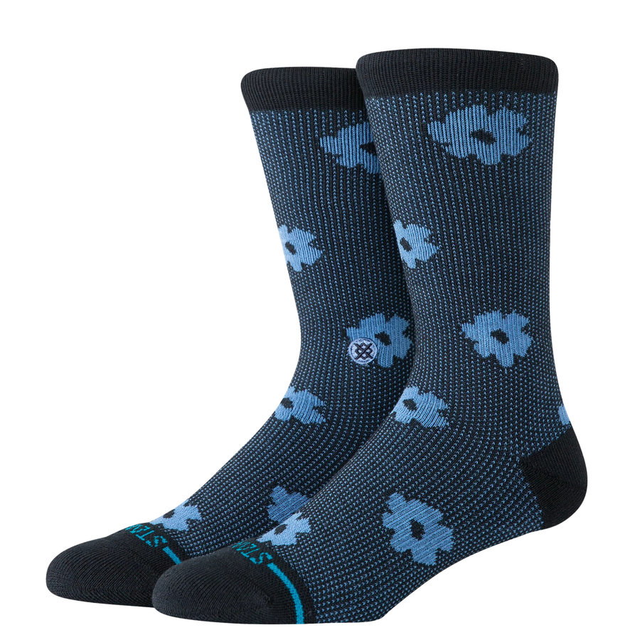 stance digital daisy crew socks with a black and blue floral pattern on a white background