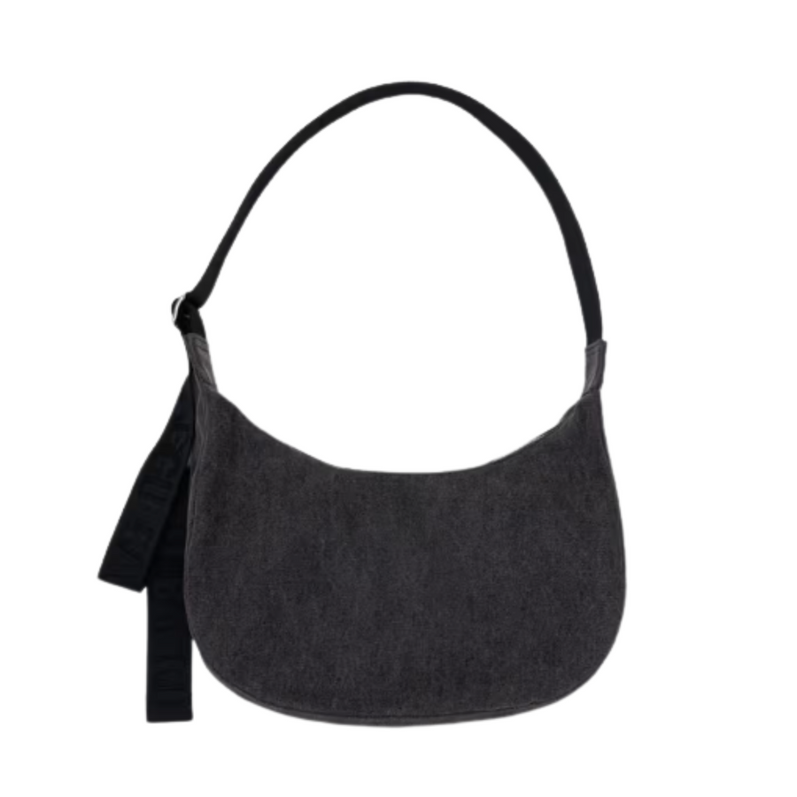 Dark gray baggu medium denim shoulder bag with a black strap on a white background