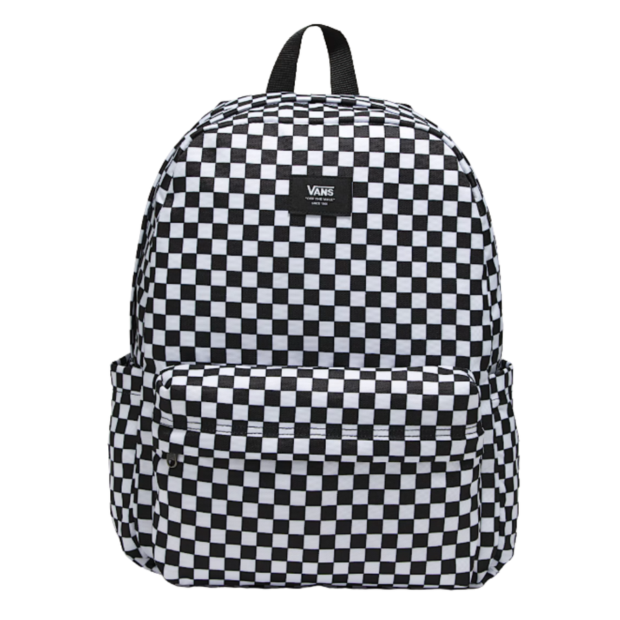 Black and white checkered backpack with Vans logo on a white background